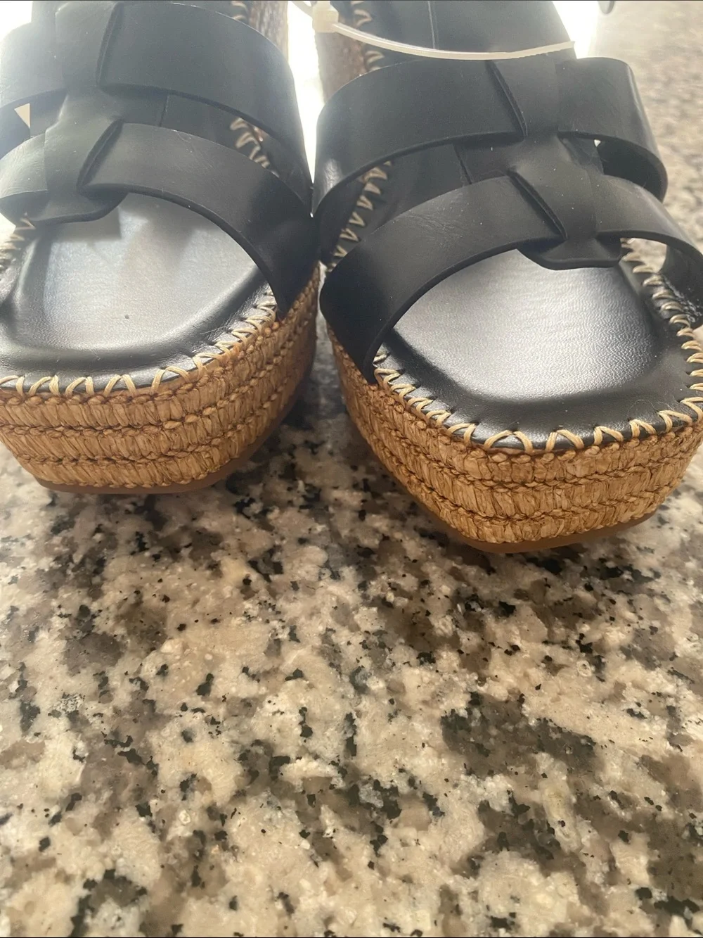 BAMBOO Black Wedge Sandals with Woven Platform
